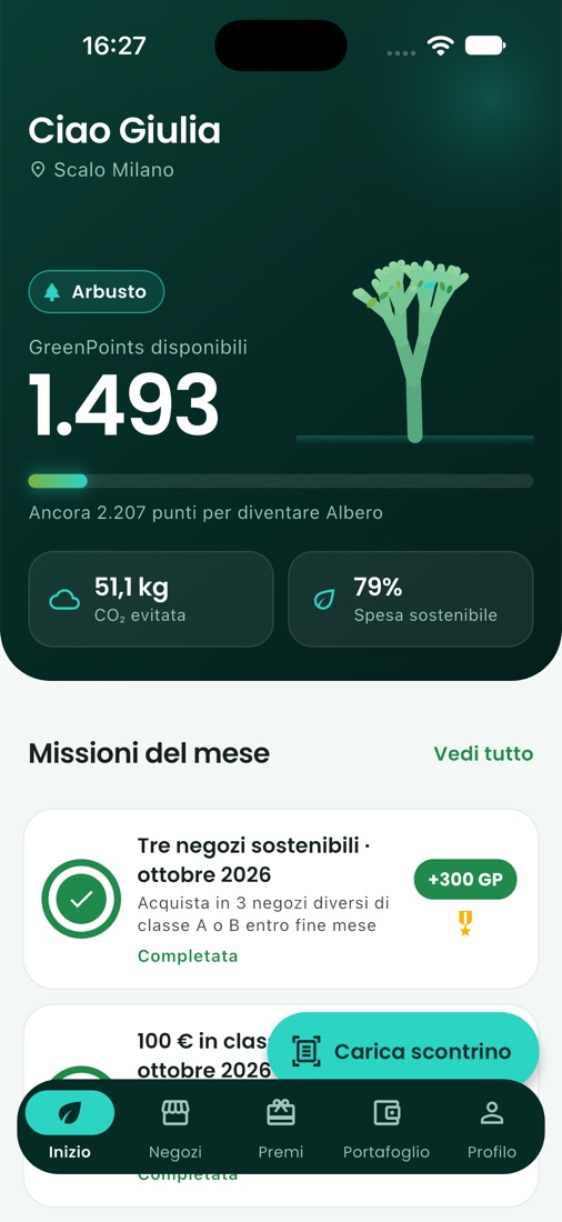 Home screen of the app: the visitor's tree, GreenPoints balance, level and the month's missions